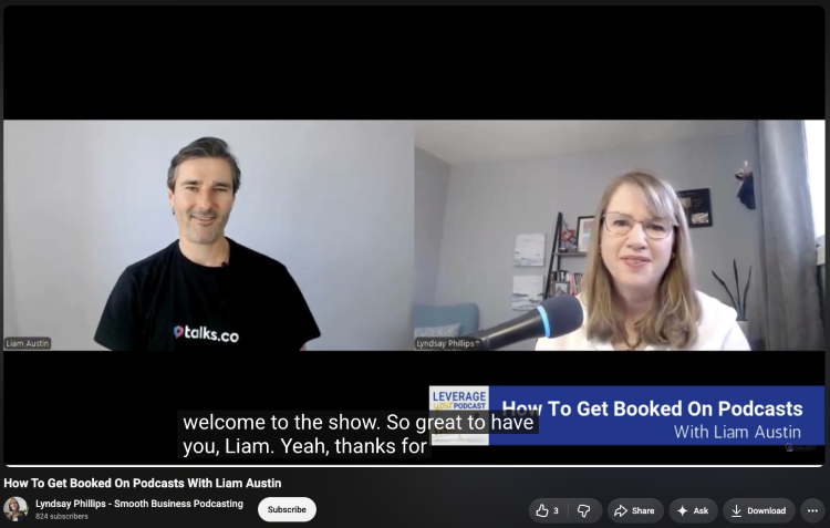 A podcast features interviews example showing Liam Austin discussing how entrepreneurs can get booked on podcasts.