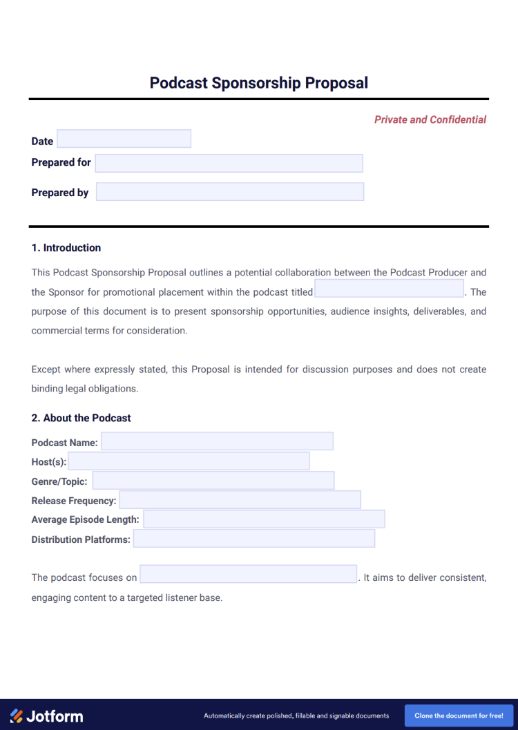 Podcast proposal document that can support guest outreach with fields for podcast information, collaboration details, and audience information.