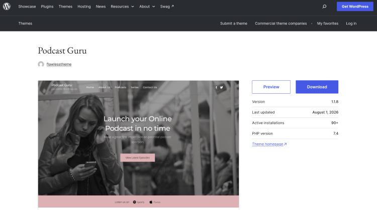 Podcast Guru theme preview showing a complete podcast website with episode navigation, social links, and a podcast-focused homepage.