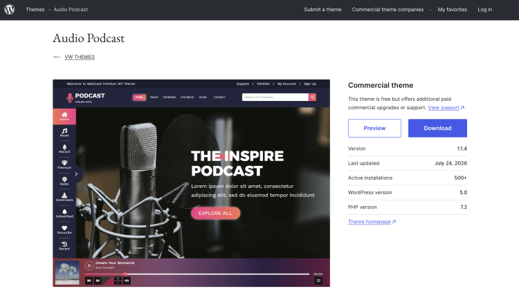 WordPress Audio Podcast page showing a podcast WordPress theme with a large microphone hero image and built-in audio player.