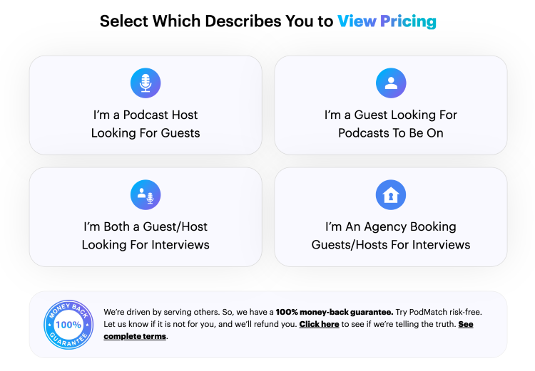 Pricing selection page where a podcast host can choose a plan for finding guests alongside guest and agency options