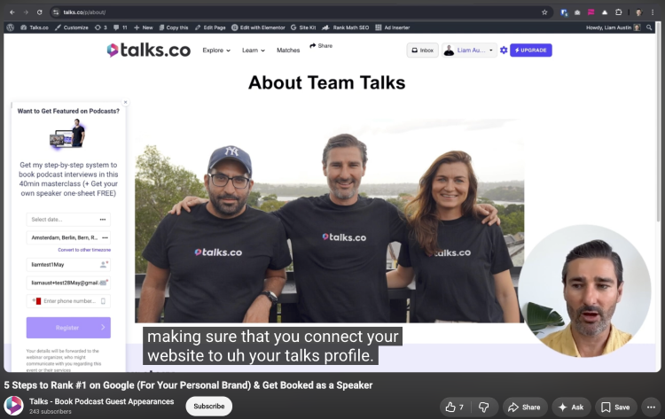 A presenter explaining personal branding while showing the Talks.co team page during a video presentation.