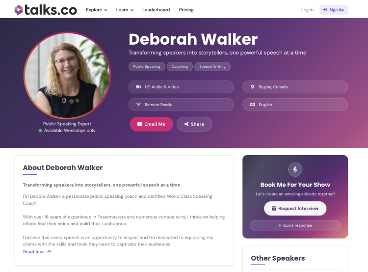 Public speaking coach profile offering personalized coaching to help speakers find their voice, build confidence, and improve storytelling