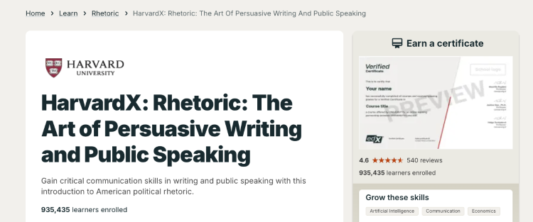 Harvard rhetoric course providing public speaking training in persuasive communication, writing, and oratory
