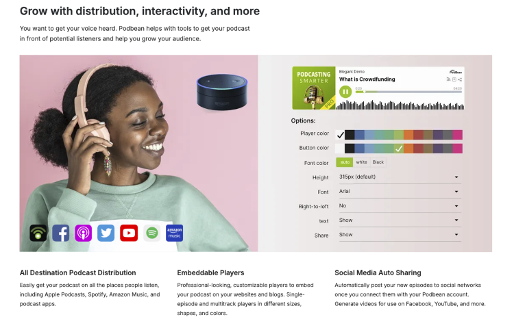 Podbean dashboard showing tools to share your podcast across streaming platforms and social media.