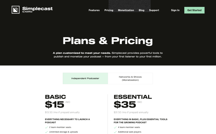 Simplecast pricing page for podcasters looking for scalable podcast hosting plans.