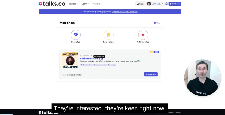 Talks.co matching interface simplifying the process of finding relevant podcast hosts and guests