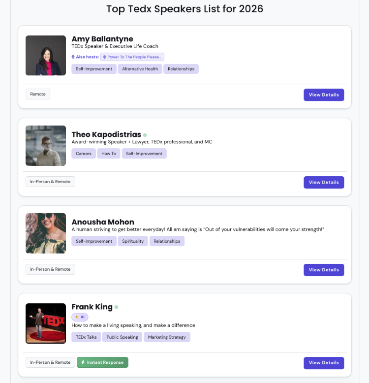Directory of TEDx speakers with expertise and experience that can help speakers captivate audiences on stage