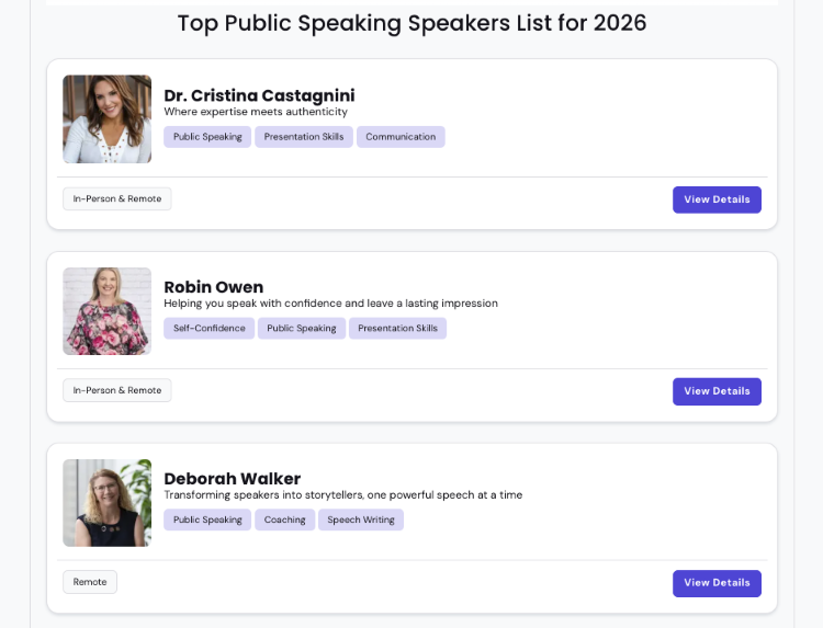 Directory of public speaking experts offering speech coaching in areas such as confidence, presentation skills, and storytelling