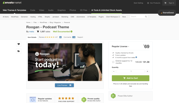 Roogan WordPress theme preview encouraging users to start a podcast with a microphone-led homepage design.