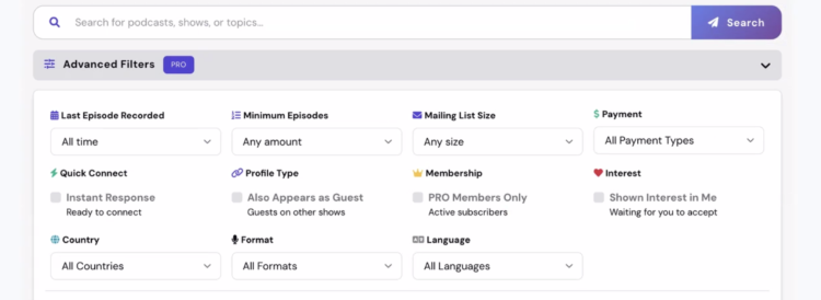 Advanced search filters for finding podcasts by activity, episodes, audience size, payment, country, format, and language