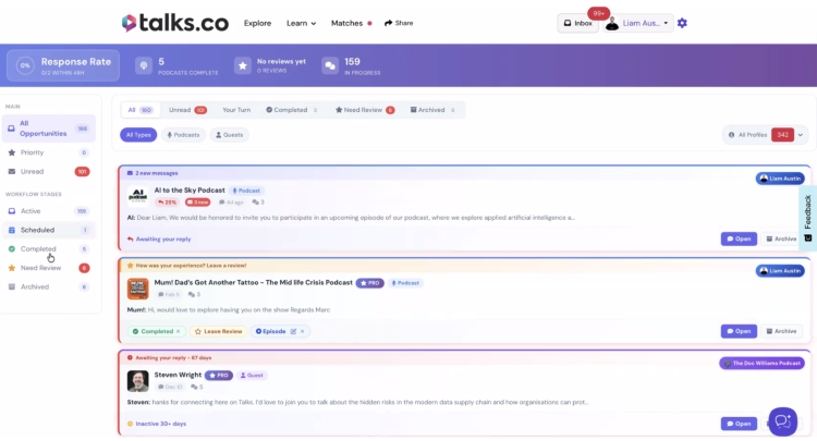 Talks.co inbox designed to facilitate podcast conversations by organizing active, scheduled, completed, and archived opportunities