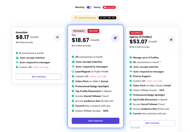 Talks.co pricing comparison showing Essentials, Pro, and Agency plans with their included podcast matching features