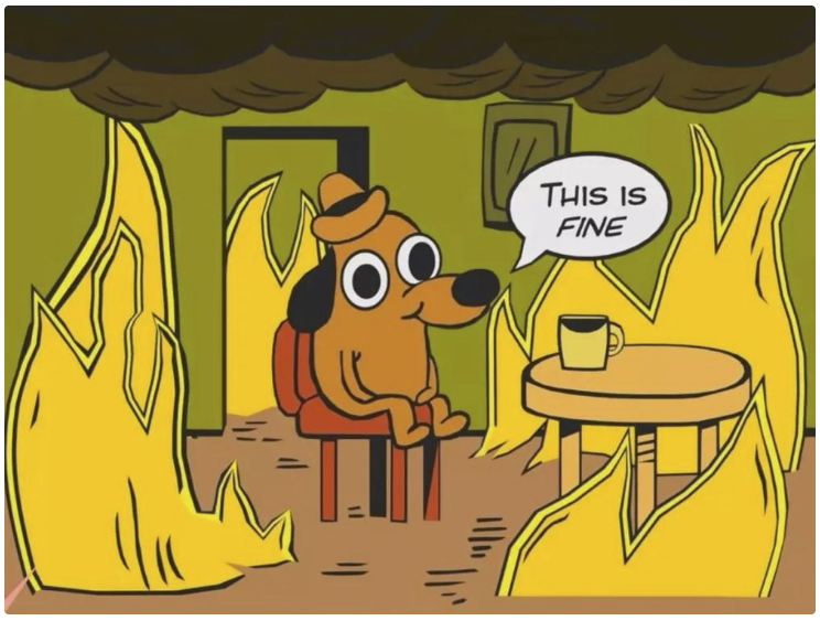 Cartoon dog calmly sitting in a burning room, an example where that’s situational irony because the response contrasts with the situation