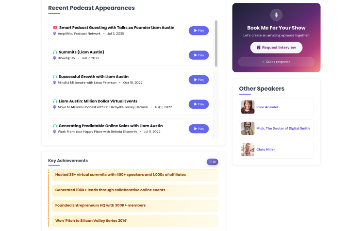 Thorough profile showing recent podcast appearances, key achievements, other speakers, and an interview request option