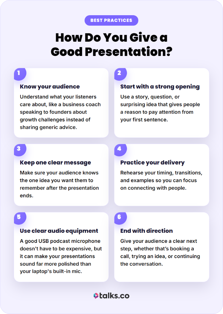 Checklist with tips for effective presentations, including knowing your audience, practicing your delivery, and ending with a clear call to action.