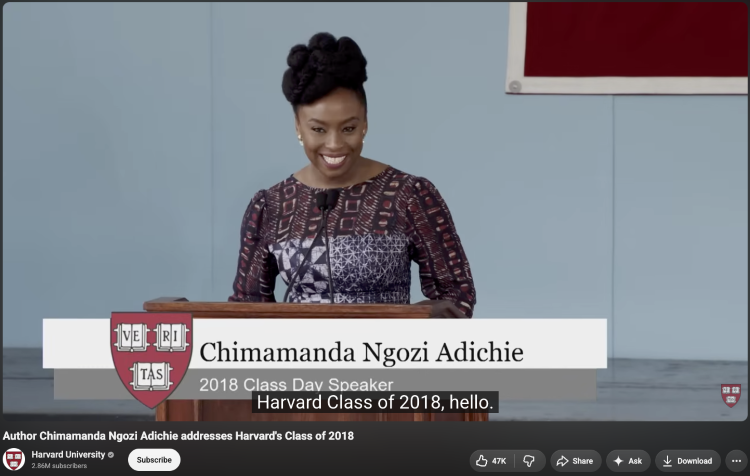 Chimamanda Ngozi Adichie delivering a type of special occasion speech as the Harvard Class Day speaker.