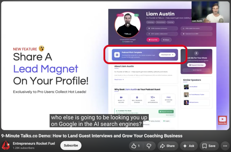 Talks.co demo showing a speaker profile and lead magnet designed around an understanding of your audience and what they are looking for.