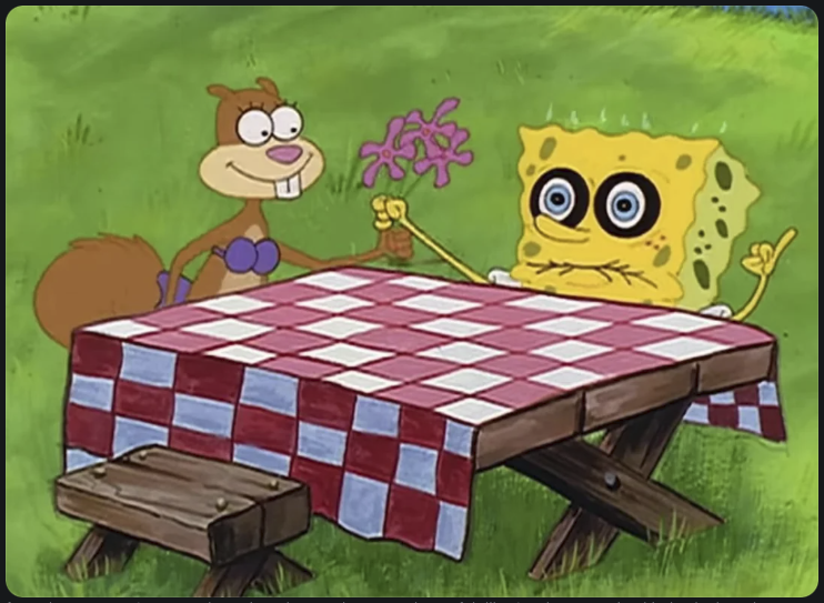 Cartoon scene with two characters at a picnic table illustrating how an unexpected twist can change the outcome of a situation