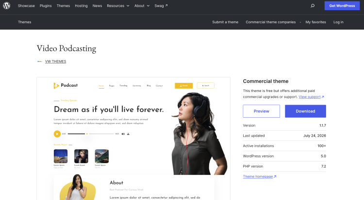 Video Podcasting WordPress theme for podcasters featuring episode navigation, an audio player, and a presenter-focused homepage.
