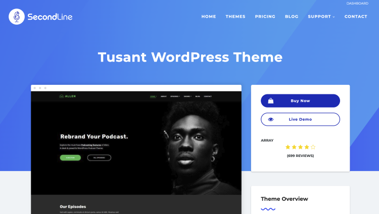 Tusant WordPress theme for podcasting displayed with an episode-focused homepage and prominent podcast branding.