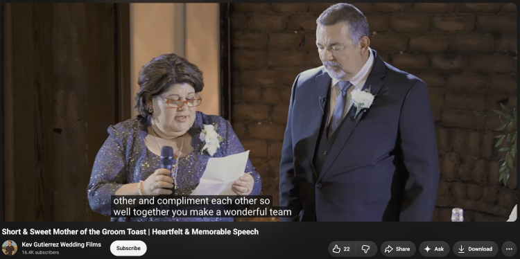 Mother of the groom reading words about his son during a heartfelt wedding speech