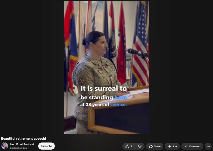 Military service member delivering a retirement speech at a podium after 23 years of service