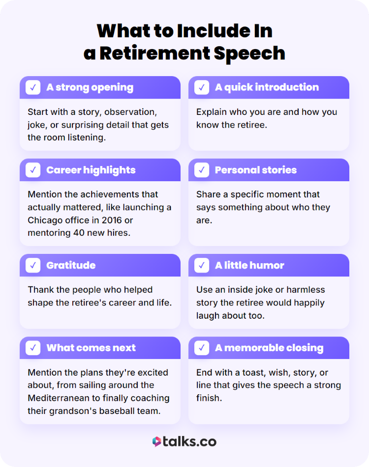 A guide to writing a retirement speech with career highlights, personal stories, gratitude, humor, and a memorable closing