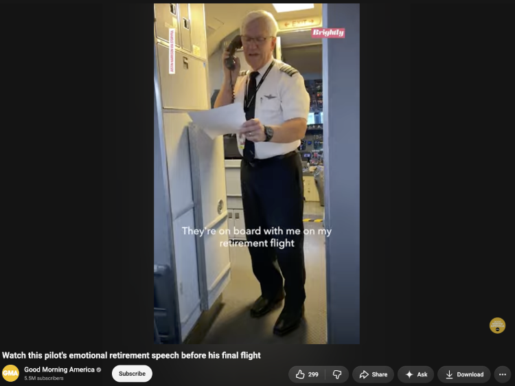 Retiring pilot giving one final speech to passengers and colleagues before his last flight