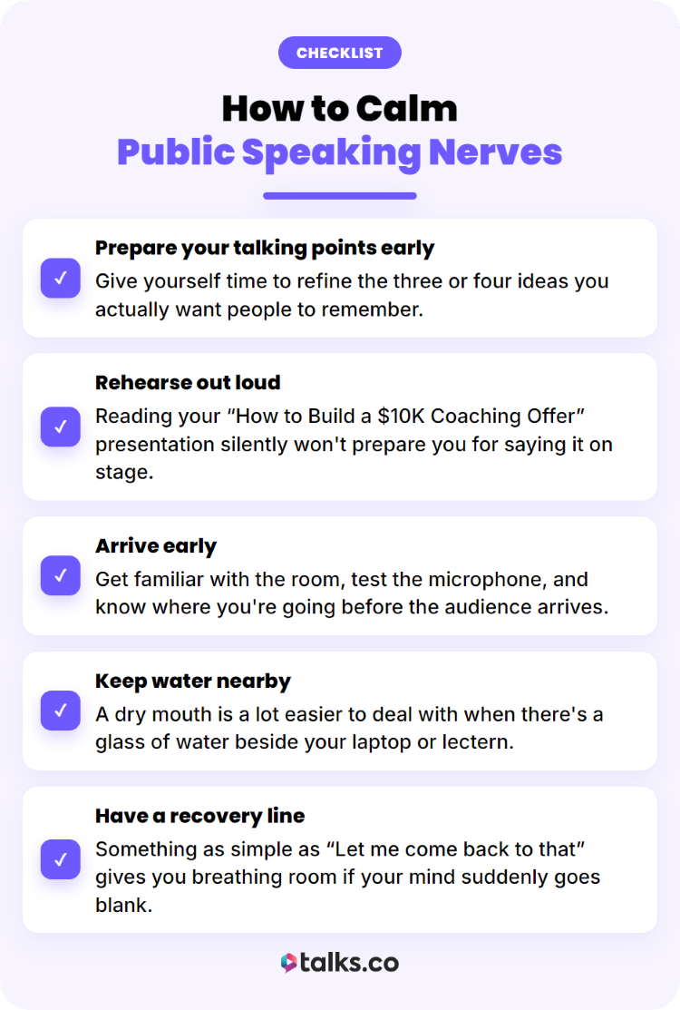Checklist with practical ways to calm nerves before a speech, including preparation, rehearsal, and arriving early